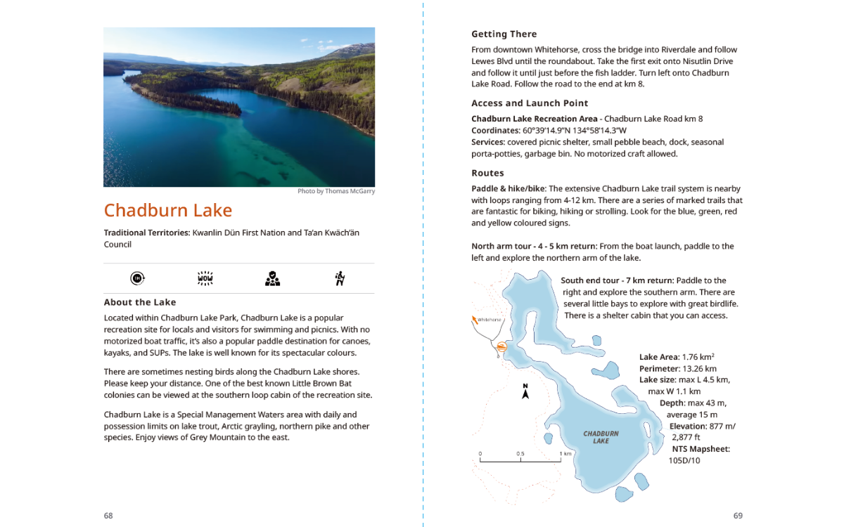 An image of two pages from 50 Lakes showing details of Chadburn Lake.